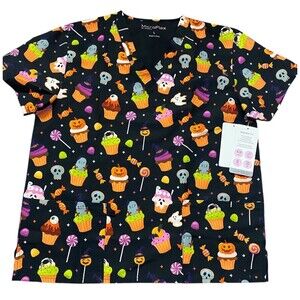 Microflex Unisex Halloween Scrub Top - Candy & Cupcakes - Size L - NEW